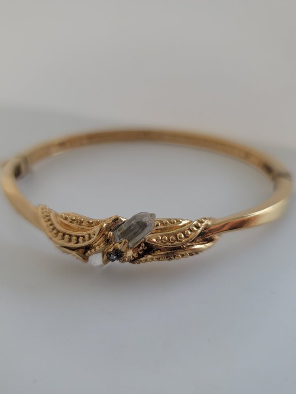 Vintage (1988) Diamond, Quartz Crystal, & Sterling Hinged Bangle